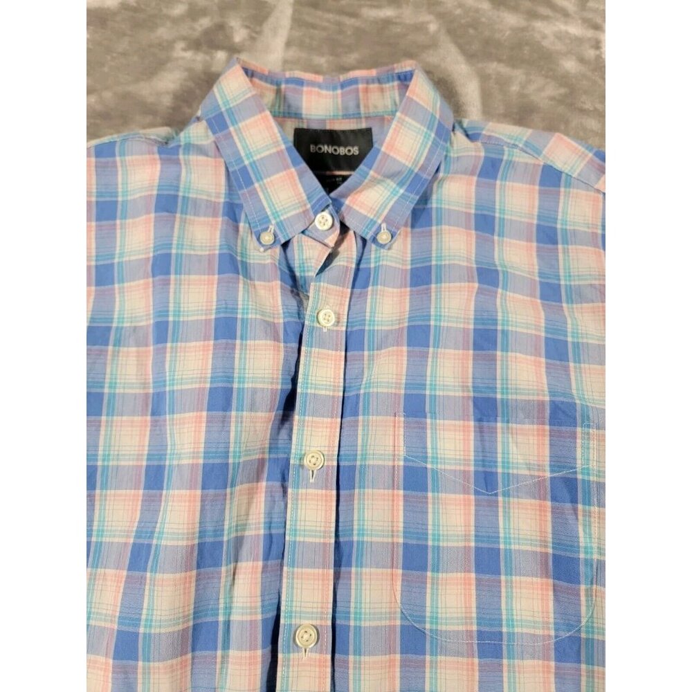 Bonobos Shirt Mens Large Slim Fit Blue Pink White Plaid Button Up Preppy, Casual